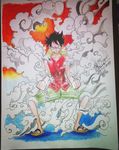  2017 black_hair clenched_hands dated gear_second grin hat_around_neck highres male_focus monkey_d_luffy nexus_galvao one_piece photo sandals scar self_upload signature smile solo steam traditional_media vest 