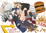  azur_lane black_gloves black_legwear blonde_hair blue_coat blue_eyes breasts california_(azur_lane) cleavage cup dress drinking_straw fingerless_gloves food french_fries gloves grey_footwear hamburger hat in-n-out_burger jacket_on_shoulders machinery medium_breasts microdress mishiro_shinza necktie no_bra panties short_hair solo thigh_strap turret underwear white_dress white_panties 