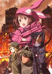  3girls absurdres animal_ears black_hair blonde_hair blue_hair bodysuit building bunny_ears duplicate facial_tattoo fake_animal_ears fire gun hat helmet highres key_visual llenn_(sao) long_hair military military_uniform multiple_girls official_art pink_eyes ponytail short_hair submachine_gun sword_art_online sword_art_online_alternative:_gun_gale_online tattoo uniform weapon 