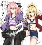  &gt;:( 1girl astolfo_(fate) bandeau belt black_bow black_legwear black_skirt blonde_hair bow breasts casual cleavage clenched_hand collarbone commentary_request cowboy_shot crop_top crotch_kick denim denim_shorts eyebrows_visible_through_hair fang fate/grand_order fate_(series) green_eyes hair_between_eyes hair_bow hood hooded_jacket jacket jewelry medium_breasts midriff mordred_(fate) mordred_(fate)_(all) multicolored_hair open_clothes open_jacket otoko_no_ko pantyhose pendant pink_hair piro_(iiiiiiiiii) pleated_skirt pom_pom_(clothes) purple_jacket red_jacket shirt short_shorts shorts simple_background skirt smile streaked_hair striped striped_shirt v-shaped_eyebrows white_background white_eyes white_hair 
