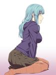  alternate_costume brown_legwear brown_skirt commentary_request green_hair ishii_hisao kantai_collection long_hair long_sleeves open_mouth pleated_skirt purple_shirt shirt skirt solo suzuya_(kantai_collection) thighhighs 