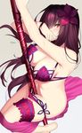  bare_shoulders between_legs bikini breasts cleavage commentary_request fate/grand_order fate_(series) flower gae_bolg grey_background hair_flower hair_ornament hibiscus highres hips large_breasts leg_garter long_hair nebusoku pink_bikini purple_hair purple_sarong red_eyes sarong scathach_(fate)_(all) scathach_(swimsuit_assassin)_(fate) signature simple_background solo swimsuit thighs 