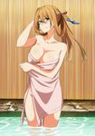  blush breasts brown_hair cleavage commentary_request eyebrows_visible_through_hair girls_frontline green_eyes hair_between_eyes hair_ribbon highres large_breasts long_hair looking_at_viewer m1903_springfield_(girls_frontline) naked_towel onsen ribbon smile solo standing towel ukeuke wading 