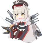  :d animal_ears azur_lane bailingxiao_jiu bangs black_dress black_hat black_legwear blunt_bangs blush cannon cape cat_ears cat_girl cat_tail chibi commentary_request cosplay dress eyebrows_visible_through_hair fang full_body fur-trimmed_cape fur_trim gloves graf_zeppelin_(azur_lane) graf_zeppelin_(azur_lane)_(cosplay) hat heart heart-shaped_pupils highres holding holding_sword holding_weapon iron_cross kemonomimi_mode light_brown_hair long_hair long_sleeves open_mouth pantyhose peaked_cap red_cape simple_background smile solo standing sword symbol-shaped_pupils tail turret v-shaped_eyebrows very_long_hair weapon white_background white_cape white_gloves yellow_eyes z46_(azur_lane) 