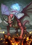  capelet claws cloud commentary_request dragon fantasy fire highres holding holding_sword holding_weapon horns looking_at_viewer monster original outdoors scales sennsu sharp_teeth sky sword teeth weapon western_dragon wings 