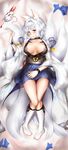  animal_ears azur_lane bad_id bad_pixiv_id blue_eyes blue_skirt blush breasts breasts_apart choker collarbone daisufuumi dakimakura eyebrows_visible_through_hair fox_ears fox_mask fox_tail from_above full_body glint highres japanese_clothes jewelry kaga_(azur_lane) kneehighs knees_together_feet_apart large_breasts looking_at_viewer lying mask multiple_tails nipple_slip nipples parted_lips pleated_skirt ring short_hair skirt solo sparkle tail wedding_band white_hair white_legwear wristband 