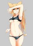  animal_ears arm_up armpits ass_visible_through_thighs bangs bare_arms bare_legs blonde_hair blue_eyes blush bra breasts capoki clenched_hand clothes_removed collarbone commentary_request eyebrows_visible_through_hair fang girls_frontline grey_background hair_between_eyes hair_ornament hair_tie hairclip idw_(girls_frontline) legs_together long_hair looking_at_viewer lowleg lowleg_panties medium_breasts navel panties parted_lips shaded_face simple_background smile solo stomach thighs twintails underboob underwear underwear_only 