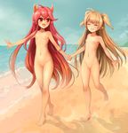  :d ahoge animal_ears bangs beach blush breasts closed_eyes copyright_request day eyebrows_visible_through_hair hair_between_eyes holding_hands horizon long_hair medium_breasts multiple_girls navel nipples nude ocean open_mouth outdoors outstretched_arm pussy red_eyes red_hair sand saruton sidelocks small_breasts smile two_side_up very_long_hair walking water 