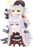  :d absurdres animal_ears azur_lane bailingxiao_jiu bangs beret black_dress black_hat black_legwear blunt_bangs blush cape cat_ears cat_girl cat_tail chibi commentary_request dress eyebrows_visible_through_hair fang fur-trimmed_cape fur_trim gloves graf_zeppelin_(azur_lane) hair_between_eyes hair_ribbon hand_on_another's_head hat hat_over_hat heart heart-shaped_pupils highres iron_cross kemonomimi_mode light_brown_hair long_hair long_sleeves military_hat multiple_girls no_shoes open_mouth pantyhose peaked_cap pointing puffy_long_sleeves puffy_sleeves purple_eyes red_cape ribbon silver_hair simple_background sleeves_past_fingers sleeves_past_wrists smile sweat symbol-shaped_pupils tail v-shaped_eyebrows very_long_hair wavy_mouth white_background white_cape white_gloves white_ribbon yellow_eyes z46_(azur_lane) 