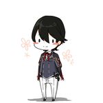  black_hair blush_stickers chibi chimaki. double-breasted earrings floral_background full_body grey_jacket horikawa_kunihiro jacket jewelry male_focus military military_uniform pants simple_background solo standing stud_earrings touken_ranbu uniform white_background white_pants 
