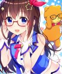  1girl :d amagai_tarou bangs bare_shoulders bespectacled black-framed_eyewear blue_eyes blue_vest blush breasts brown_hair bunny_tail buttons collared_shirt commentary_request crop_top eyebrows_visible_through_hair glasses hair_ornament hands_on_eyewear hands_up leaning_forward long_hair looking_at_viewer midriff neck_ribbon open_mouth red-framed_eyewear red_neckwear red_ribbon ribbon semi-rimless_eyewear shirt sidelocks sleeveless sleeveless_shirt smile solo star star_hair_ornament starry_background stuffed_animal stuffed_toy tail teddy_bear tokino_sora tokino_sora_channel upper_body vest virtual_youtuber white_shirt wing_collar wrist_cuffs 
