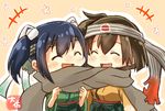  2girls ^_^ ^o^ artist_name blue_hair brown_hair chibi closed_eyes commentary green_kimono headband hiryuu_(kantai_collection) japanese_clothes kantai_collection kimono multiple_girls one_side_up open_mouth remodel_(kantai_collection) scarf shared_scarf smile souryuu_(kantai_collection) taisa_(kari) twintails wide_sleeves yellow_kimono 