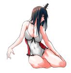  bare_shoulders black_hair breasts casual_one-piece_swimsuit cleavage covered_navel fusou_(kantai_collection) hair_ornament highres kantai_collection long_hair looking_to_the_side medium_breasts one-piece_swimsuit red_eyes sitting solo sozan swimsuit transparent_background white_swimsuit yokozuwari 