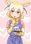 :p animal_ears apron blonde_hair bow bowl bowtie chocolate commentary_request elbow_gloves extra_ears eyebrows_visible_through_hair fennec_(kemono_friends) fox_ears gloves heart heart_background highres japari_symbol_print kemono_friends looking_away multicolored_hair outline pink_background puffy_short_sleeves puffy_sleeves sash short_sleeves simple_background solo takatsuki_nao tongue tongue_out two-tone_hair valentine white_hair white_outline yellow_eyes yellow_neckwear 