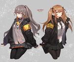  404_logo_(girls_frontline) absurdres armband bad_id bad_pixiv_id bangs black_gloves black_legwear black_neckwear blush brown_eyes brown_hair clenched_hands cropped_legs crossed_bangs eyebrows_visible_through_hair fingerless_gloves flying_heart girls_frontline gloves hair_between_eyes hair_ornament hairclip highres hood hooded_jacket jacket long_hair looking_at_viewer midriff_peek multiple_girls neck_ribbon one_side_up open_clothes open_jacket pantyhose pleated_skirt ribbon scar scar_across_eye scarf shirt sidelocks simple_background skirt smile sobi_(dnenqkswja) strap twintails twitter_username ump45_(girls_frontline) ump9_(girls_frontline) waving white_shirt yellow_eyes 