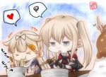  &gt;_&lt; artist_name black_gloves black_ribbon black_serafuku blonde_hair capelet chibi chopsticks commentary_request curry curry_rice eating food gloves graf_zeppelin_(kantai_collection) grey_eyes hair_between_eyes hair_flaps hair_ornament hair_ribbon hairclip heart holding holding_chopsticks holding_spoon kantai_collection long_hair long_sleeves military military_uniform multiple_girls no_hat no_headwear open_mouth remodel_(kantai_collection) ribbon rice scarf school_uniform serafuku short_sleeves sidelocks smile spoken_heart spoken_squiggle spoon squiggle taisa_(kari) twintails uniform white_scarf yuudachi_(kantai_collection) 