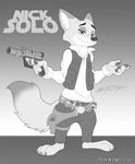  2018 anthro blaster canine claws clothed clothing cosplay dipstick_ears dipstick_tail disney fox fully_clothed gun half-closed_eyes han_solo holding_object holding_weapon inner_ear_fluff male mammal monochrome multicolored_tail nick_wilde ranged_weapon scificat smile solo star_wars text toe_claws weapon zootopia 