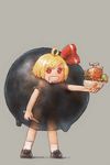  bare_arms black_footwear blonde_hair boned_meat bowl chopsticks commentary_request darkness drooling food full_body grey_background grin hair_ribbon highres holding holding_bowl meat red_eyes red_ribbon ribbon rumia salad sharp_teeth shoes short_hair simple_background smile socks solo standing teeth touhou white_legwear yst 