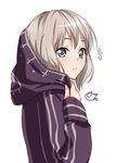  1girl aoba_moka bang_dream! bangs blonde_hair blue_eyes blush closed_mouth double_vertical_stripe from_side hood hood_up hoodie long_sleeves looking_to_the_side notice_lines nyanmaru_(ememing) shiny shiny_hair short_hair signature simple_background sleeves_past_wrists smiley_face solo tareme upper_body wavy_mouth white_background 