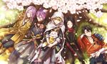  aqua_eyes armor blonde_hair brown_hair cherry_blossoms cloak closed_eyes flower fox hachisuka_kotetsu highres hood japanese_armor japanese_clothes kasen_kanesada kashuu_kiyomitsu konnosuke male_focus mole mole_under_mouth multiple_boys mutsu-no-kami_yoshiyuki necktie petals ponytail purple_hair scarf shoulder_armor sitting smile sode touken_ranbu tree yamanbagiri_kunihiro yamaneko514 