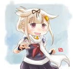  :d alternate_hairstyle artist_name black_ribbon black_skirt blonde_hair blush chibi commentary_request folded_ponytail hair_ornament hair_ribbon hairclip highres kantai_collection long_hair neckerchief open_mouth pleated_skirt red_eyes red_neckwear remodel_(kantai_collection) ribbon scarf short_sleeves skirt smile solo taisa_(kari) white_scarf yuudachi_(kantai_collection) 