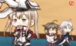  :d admiral_(kantai_collection) ahoge artist_name black_gloves black_skirt blue_eyes blue_neckwear braid brown_hair chibi closed_eyes commentary_request elbow_gloves flying_sweatdrops gloves graf_zeppelin_(kantai_collection) grey_eyes hair_flaps hair_ornament hand_on_hip hat high_collar holding jacket jitome kantai_collection long_hair long_sleeves minigirl multiple_girls neckerchief open_mouth peaked_cap pleated_skirt puffy_short_sleeves puffy_sleeves purple_hair remodel_(kantai_collection) shigure_(kantai_collection) short_sleeves signature single_braid skirt smile taisa_(kari) twintails umikaze_(kantai_collection) 