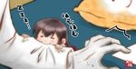  1girl =_= admiral_(kantai_collection) akagi_(kantai_collection) artist_name biting biting_clothes blurry blurry_foreground blush brown_hair chibi closed_eyes commentary_request depth_of_field gloves highres kantai_collection long_hair long_sleeves minigirl signature sweatdrop taisa_(kari) white_gloves 