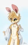  2017 4_fingers anthro ash_bunny_(skeleion) beige_pussy biped brown_fur brown_hair brown_nose chest_tuft coat countershade_face countershade_legs countershade_torso countershading digital_drawing_(artwork) digital_media_(artwork) dressing eye_markings eyelashes female flat_chested front_view fur gradient_background green_eyes green_sclera grey_background hair half-closed_eyes lagomorph looking_away mammal markings mohawk mostly_nude multicolored_fur navel navel_rim nipples pink_nipples portrait pubes pussy rabbit short_hair simple_background skeleion slim small_waist smile solo standing tan_countershading tan_fur tan_marking three-quarter_portrait tuft two_tone_fur white_background white_clothing 