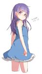  bangs bare_arms bare_shoulders blue_dress blush cowboy_shot cropped_legs dated dress eyebrows_visible_through_hair from_behind looking_at_viewer looking_back maze_(gochama_ze_gohan) original parted_lips purple_eyes purple_hair signature simple_background sketch solo white_background 