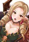  blonde_hair breasts choker cleavage commentary_request draph dress drill_hair earrings eyebrows_visible_through_hair granblue_fantasy green_dress horns jewelry kanzaki_kureha large_breasts long_hair open_mouth pendant pointy_ears ringlets solo teresa_(granblue_fantasy) yellow_eyes 
