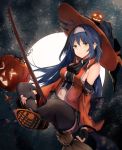  1girl belt black_legwear blue_hair broom broom_riding detached_sleeves fingerless_gloves fire_emblem fire_emblem:_akatsuki_no_megami fire_emblem_heroes full_moon gloves green_eyes hairband halloween_costume hat headband highres midriff moon navel navel_cutout night night_sky nintendo pumpkin screwbills sky solo thighhighs wayu_(fire_emblem) white_hairband white_headband witch_hat 