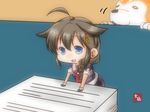  :d ahoge artist_name blue_eyes braid brown_hair chibi commentary_request dog hair_flaps kantai_collection looking_at_viewer minigirl multiple_girls necktie open_mouth paper_stack pleated_skirt purple_shirt purple_skirt red_neckwear remodel_(kantai_collection) shigure_(kantai_collection) shirt signature single_braid skirt smile solo_focus standing taisa_(kari) yuudachi_(kantai_collection) 