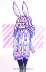  anthro big_ears clothing edit eyewear female glasses hair internett-princess lagomorph mammal pink_hair rabbit simple_background solo standing traditional_media_(artwork) 