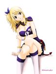  1girl artist_request blonde_hair boots breasts brown_eyes cleavage fairy_tail female hair_bow hair_ribbon large_breasts long_hair lucy_heartfilia ponytail purple_ribbon purple_shirt purple_skirt shirt side_ponytail simple_background skirt solo tail tied_hair whip white_background white_boots white_footwear white_shoes wrist_cuffs 