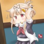  alternate_hairstyle artist_name black_ribbon black_serafuku black_skirt blonde_hair chibi commentary_request folded_ponytail hair_flaps hair_ornament hair_ribbon hairclip highres kantai_collection long_hair neckerchief open_mouth pleated_skirt red_eyes red_neckwear remodel_(kantai_collection) ribbon scarf school_uniform serafuku short_sleeves skirt solo taisa_(kari) white_scarf yuudachi_(kantai_collection) 