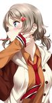  bangs blue_eyes blush buttons eyebrows_visible_through_hair grey_hair hair_ornament hairclip hand_on_another's_cheek hand_on_another's_face highres long_sleeves looking_to_the_side love_live! love_live!_sunshine!! low_ponytail necktie orange_shirt out_of_frame school_uniform shirt short_hair sleeves_past_wrists solo_focus surfing_orange upper_body watanabe_you 