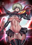  1girl black_ribbon blindfold bokuman breasts cosplay feather-trimmed_sleeves feather_trim kill_la_kill matoi_ryuuko_(cosplay) microskirt nier_(series) nier_automata revealing_clothes skirt solo thigh_boots weapon yorha_no._2_type_b 