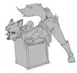 amplifier anthro bent_over boots canine clothed clothing darma drooling female footwear fox hoodie mammal penis rock_dog saliva simple_background tzarvolver 