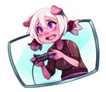  2018 anthro clenched_teeth controller cyancapsule ear_piercing emelie female game_controller gaming hair hi_res mammal piercing pig playing_videogame porcine purple_eyes solo teeth white_hair 