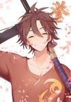  ^_^ blood brown_hair closed_eyes fuuko_(2679566944) grin injury male_focus otegine petals polearm shirt smile spear torn_clothes torn_shirt touken_ranbu weapon yari 