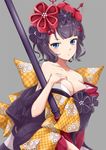  bare_shoulders black_hair black_kimono blue_eyes breasts calligraphy_brush cleavage fate/grand_order fate_(series) flower giant_brush hair_flower hair_ornament hairpin highres hoshimiya_mashiro japanese_clothes katsushika_hokusai_(fate/grand_order) kimono looking_at_viewer medium_breasts obi paintbrush sash short_hair simple_background solo 