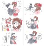  3girls admiral_(kantai_collection) bow brown_hair comic covering_eyes drill_hair expressions guess_who hair_bow hakama harukaze_(kantai_collection) hat hatakaze_(kantai_collection) hug japanese_clothes kamikaze_(kantai_collection) kantai_collection kimono lifting meiji_schoolgirl_uniform military military_uniform multiple_girls nyoriko pink_kimono red_bow red_eyes red_hakama stove translated twin_drills twitter_username uniform upper_body white_background 