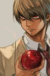  apple brown_hair closed_mouth collared_shirt death_note fingernails food formal fruit glaring grey_background hair_between_eyes hankuri holding holding_food holding_fruit male_focus necktie red_eyes red_neckwear serious shirt simple_background suit upper_body white_shirt wing_collar yagami_light 