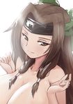  alternate_breast_size blush breast_squeeze breasts brown_eyes brown_hair cleavage closed_mouth collarbone expressionless hair_tie half-closed_eyes hands_up head_tilt headband highres jintsuu_(kantai_collection) kantai_collection large_breasts long_hair low-tied_long_hair nude out-of-frame_censoring remodel_(kantai_collection) simple_background solo tsurime upper_body white_background wo_jianqiang_fu_guo 