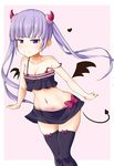  &gt;:) ajidot arms_at_sides black_legwear black_skirt cowboy_shot demon_girl demon_horns demon_tail demon_wings heart highres horns long_hair looking_at_viewer midriff navel new_game! purple_eyes purple_hair skirt smile solo spaghetti_strap standing stomach_tattoo suzukaze_aoba tail tattoo thighhighs twintails v-shaped_eyebrows wings zettai_ryouiki 