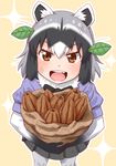  :d ahoge animal_ears bag beige_background black_gloves black_hair black_skirt brown_eyes cacao_fruit commentary_request common_raccoon_(kemono_friends) dirty dirty_clothes dirty_face eyebrows_visible_through_hair fang fur_collar gloves grey_hair highres holding holding_bag kemono_friends leaf leaf_on_head looking_at_viewer mud multicolored_hair open_mouth pantyhose pleated_skirt raccoon_ears short_sleeves skirt smile solo sparkle takatsuki_nao 