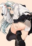  absurdres ass black_legwear blue_eyes blue_hair hammer_and_sickle hand_on_headwear hat hat_tug hibiki_(kantai_collection) highres ikashun kantai_collection long_hair panties pantyshot pantyshot_(standing) pleated_skirt putting_on_shoes school_uniform serafuku short_hair sketch skirt solo standing standing_on_one_leg tan_background thighhighs underwear verniy_(kantai_collection) white_panties 