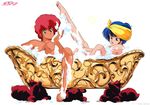  80s bath bathing bathtub blue_eyes blue_hair bubble creature dark_skin dirty_pair highres kei_(dirty_pair) leg_up long_hair multiple_girls non-web_source official_art oldschool open_mouth red_eyes red_hair shared_bathing short_hair slipper_bathtub soap_bubbles yuri_(dirty_pair) 