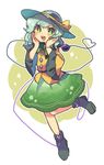  :d ankle blouse blue_hair blue_hat blush boots bow bright_pupils commentary full_body green_eyes green_skirt hands_on_own_cheeks hands_on_own_face hat hat_bow highres komeiji_koishi long_sleeves looking_at_viewer open_mouth round_teeth sasa_kichi skirt smile solo standing standing_on_one_leg teeth touhou wide_sleeves yellow_blouse yellow_bow 