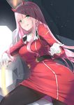  :q absurdres black_legwear darling_in_the_franxx eyebrows_visible_through_hair gloves go-1 green_eyes hairband highres horns long_hair long_sleeves looking_at_viewer military military_uniform pantyhose pantyhose_tug pink_hair red_horns solo tongue tongue_out uniform white_gloves white_hairband zero_two_(darling_in_the_franxx) 